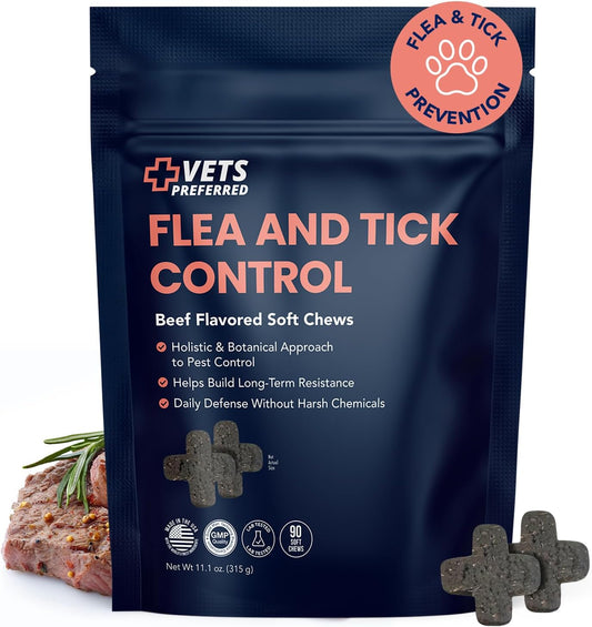 Vets Preferred Flea and Tick Prevention for Dogs Chewable - Daily Defense Without Harsh Chemicals - Immune Support & Antioxidant Protection - Beef Flavored - 90 Soft Chews