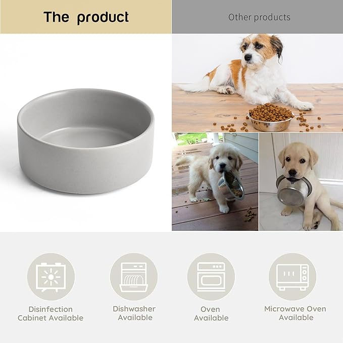 Grey Ceramic Dog & Cat Bowl Set – 13.5 OZ with Wooden Stand, Non-Slip, Elevated Design for Small Dogs & Cats – 2 Bowls (Food & Water, Ceramic Pet Bowls, Modern Dog Bowls)