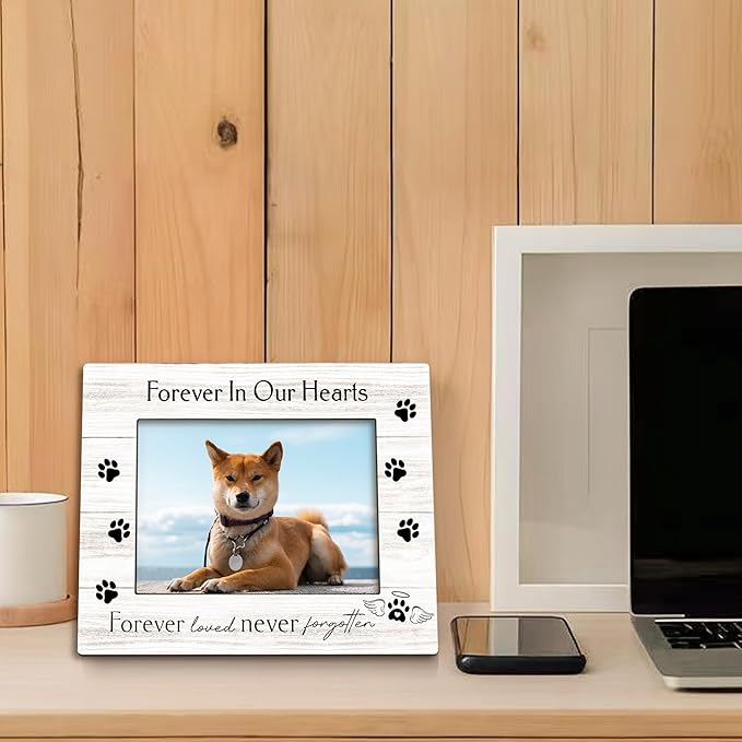 Dog Memorial Picture Frame 5x7, Memorial Pet Photo Frame, Dog Cat Memory Gifts for Loss of Dogs Cats, Forever in Our Hearts Sympathy Gifts Wooden Picture Photo Frames for Desk Home Room Decor