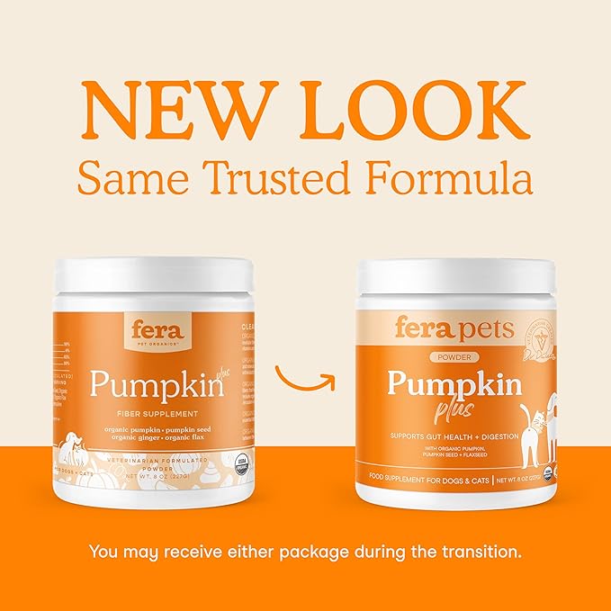 Fera Pets Cat & Dog Pumpkin Plus - Fiber Supplement - USDA Organic - Supports Gut & Digestive Health - Promotes Regularity - 7 Sources of Fiber - 90 Scoops