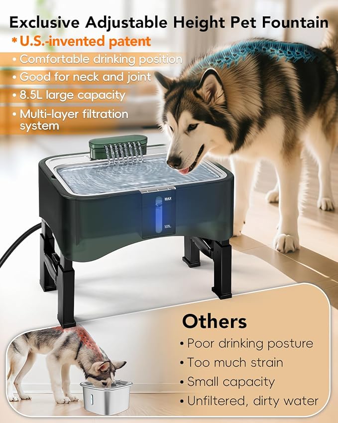 UPSKY 2.25Gal Elevated Dog Water Fountain, 4 Heights Adjustable Pet Fountain for All Dog Sizes, 304 Stainless Steel Tray Indoor Drinking Dispenser with Ultra-Quiet Pump & 4 Replacement Filters Green