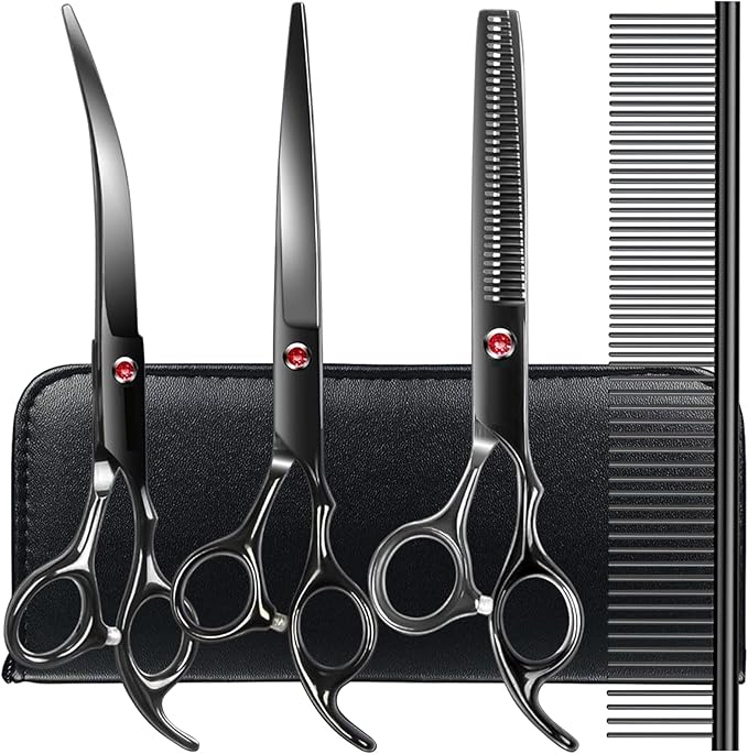 Professional Dog Grooming Scissors kit Black 5 in 1, Dog Shears for Grooming 6CR Premium Stainless Steel Grooming Scissors Kit for Dogs Cat Pet
