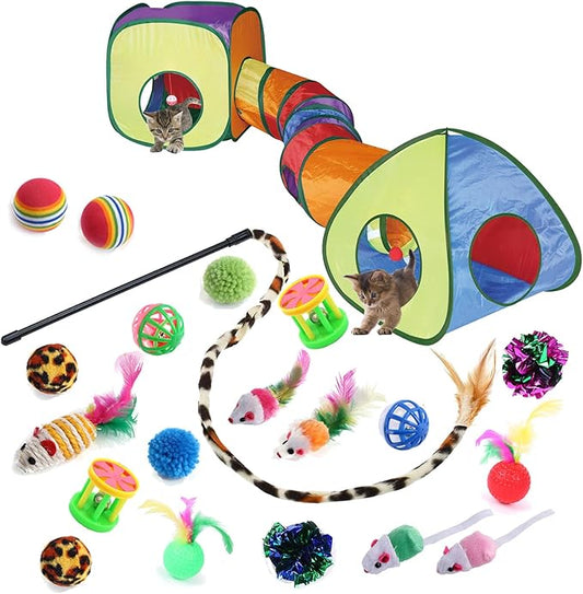Cat Toys for Indoor Cats, Kitten Toys Set, Collapsible Pet Tunnel Cube Tent Toys, Interactive Cat Feather Teaser Wand Cat Bell Balls Fuzzy Ball Springs Mouse Toys (Rainbow)