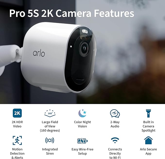 Arlo Pro 5S Spotlight Security Camera 2K HDR | Outdoor | Wireless | Dual-Band Wi-Fi Connects to Strongest Network|12X Zoom, 2-Way Audio, Color Night Vision,Live Stream(White, 3 Cameras)
