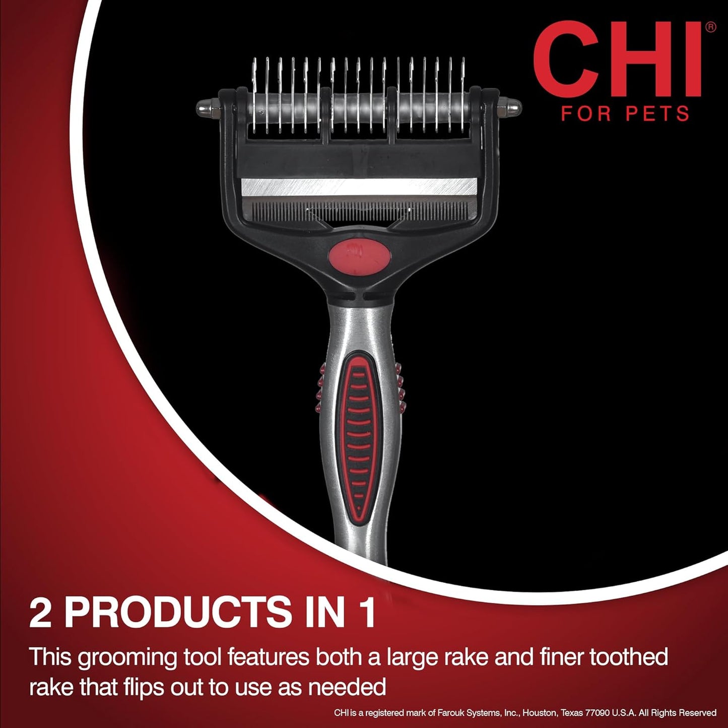 CHI for Dogs 2-in-1 Dematting and Deshedding Rake - Dual-Head Grooming Tool for Mats and Knots - Flip-Out Fine Rake for Smoothing Coats - Large Blade for Thick Fur - Dog Detangler Comb