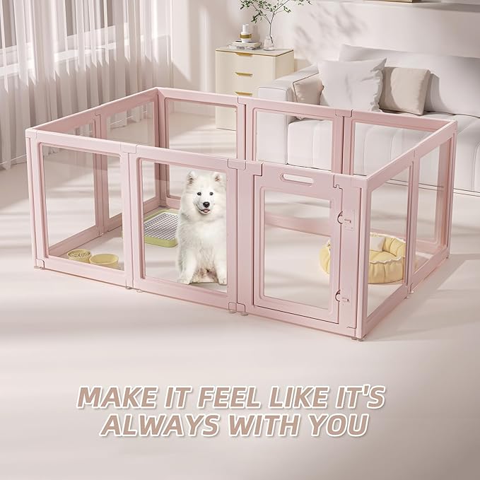 DIY Clear Acrylic Dog Playpen House,Quick Easy Assembly and Disassembly,Strong Floor Suction,Indoor and Outdoor Use,Easy Cleansing Puppy Fence (Skin Pink, 30.3" H, 12PCS)