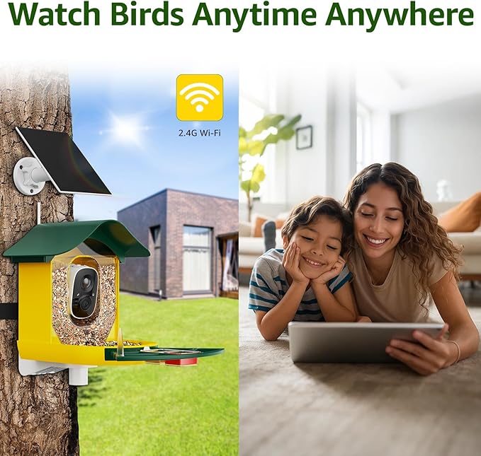 PeckCam® Smart Bird Feeder with Camera 2K HD Auto Detect & Notify, AI Identify 10000+ Birds Camera with Solar Panel 5 Perch Attachments Wireless Outdoor Birdwatching Gift for Birds Lover, Yellow
