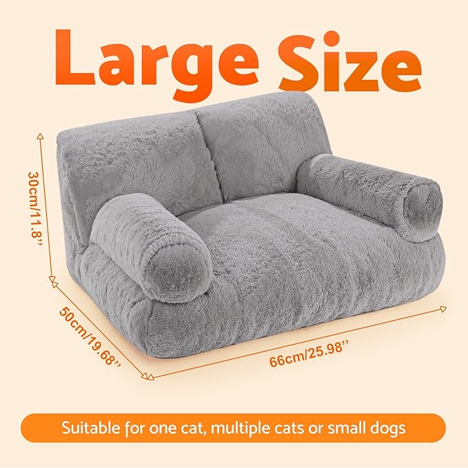 Gimars Upgrade Large Cat Bed for Indoor Cats -Added 10% More Stuff Sponge, Orthopedic Pet Couch Beds with Bolstered Edges, Fluffy Washable & Removable Cover, Anti Slip Base, Grey