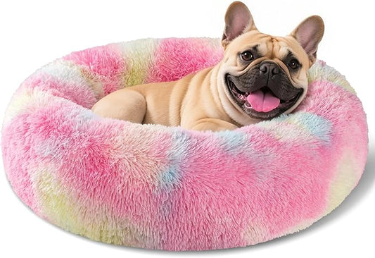 Dog Calming Beds for Small Medium Large Dogs - Round Donut Washable Puppy Dog Bed, Anti-Slip Faux Fur Fluffy Donut Cuddle Anxiety Cat Pet Bed(24'' Color)