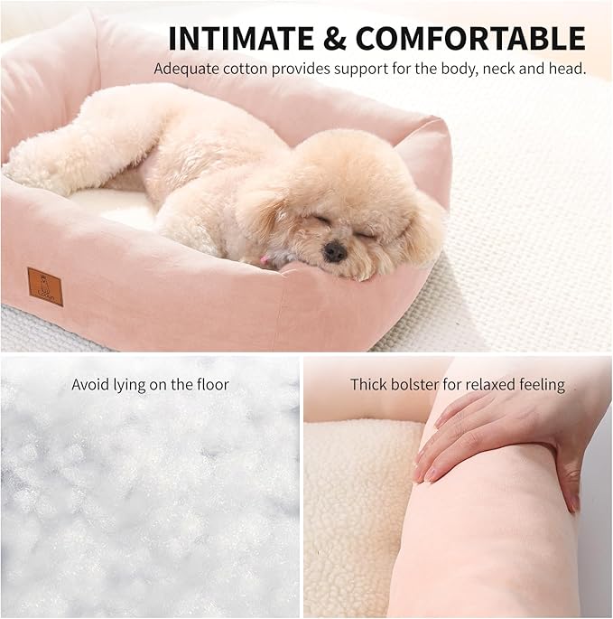 25In Dog Bed for Small Medium Sized Dogs - Washable Rectangle Puppy Bed for Indoor Outdoor, Cozy Pet Bed with Support Pillow & Non-Slip Bottom(Pink, Medium)