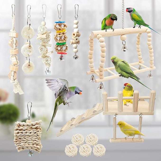 Hamiledyi 13Pcs Parrot Swing Chew Toys Bird Perches Platform with Climbing Ladder Hanging Cage Accessories for Parakeet, Conure, Finch, Lovebirds, Budgie, Canary Standing