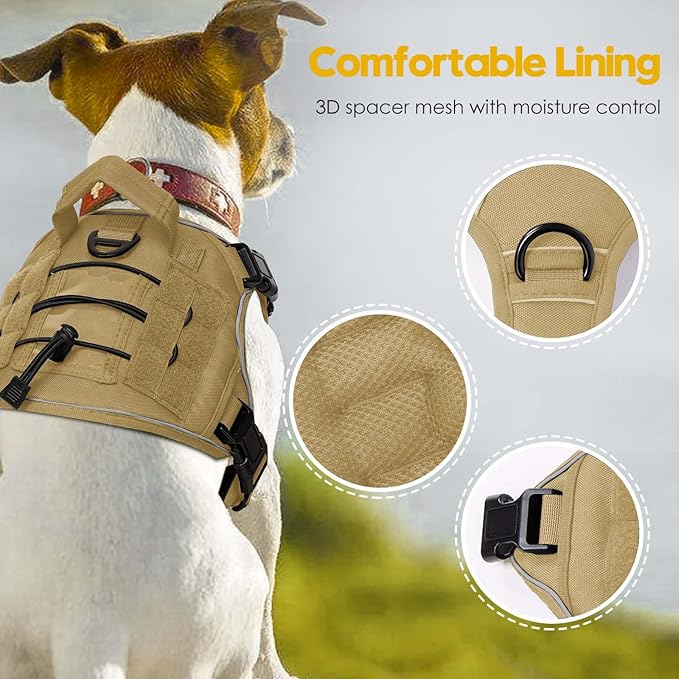 Heavy-Duty Tactical Dog Harness for Large Dogs, No Pull Adjustable Reflective Pet Vest with Molle System, K9 Military-Grade Control for Service Training, Outdoor & 10+ Breeds, Khaki, Medium