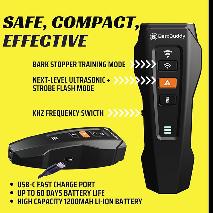 BarxBuddy 2nd Gen Dog Bark Deterrent Devices | Long Range Ultrasonic | Bark Collar Alternative | Dog Training Indoor/Outdoor | Rechargeable Anti Bark Device for Dogs (Black)