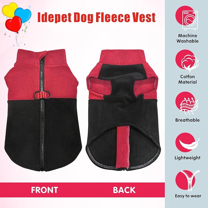 Idepet Dog Fleece Vest Sweater Zip Up Warm Pullover Dogs Jacket with D-Ring Leash Winter Cold Weater Coat Pet Sweatershirt Clothes Hoodie for Small Medium Dogs Boy Girl (Red/Black, XL)