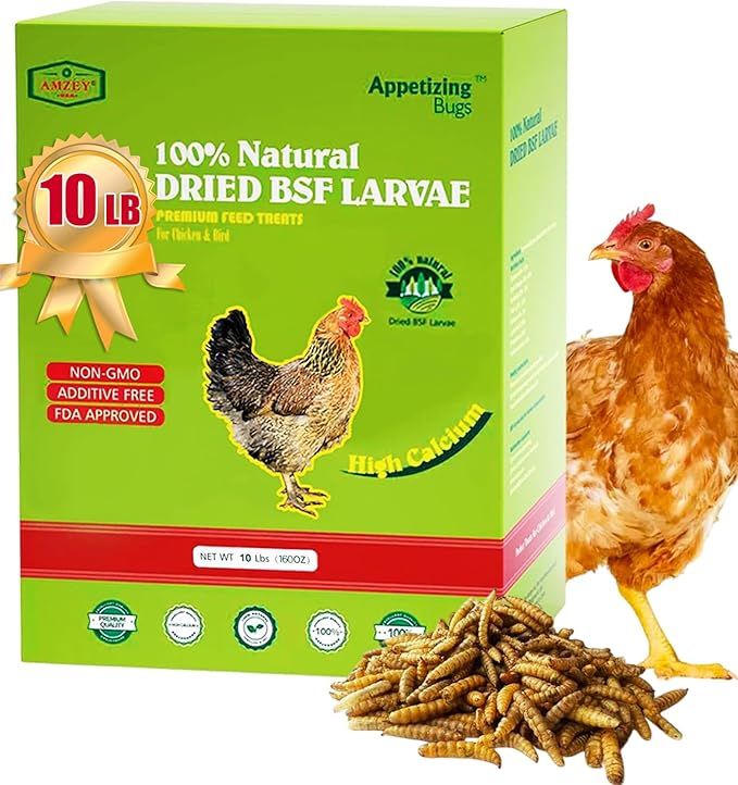 Amzey 10LBS Dried Black Soldier Fly Larva/Dried Mealworms - 100% Natural BSF Larvae - 85X More Calcium Than Mealworms - High Calcium Treats for Chickens, Birds, Hens, Ducks