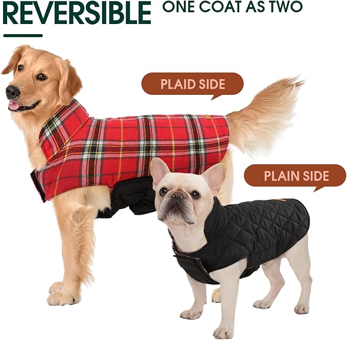 Kuoser Waterproof Dog Coat, Reversible Dog Jacket for Large Dogs, Adjustable Durable Doggie Winter Coat for Groowing Puppies Warm Puppy Cold Weather Apparel, Bright Red L