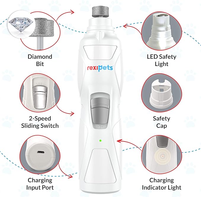 Cat and Dog Nail Grinder - Rechargeable Electric Pet Nail Clipper & Trimmer- Painless Paws Grooming - Quiet 2-Speed Motor. 3 Size Ports for Small, Medium, Large Pets- Up to 4 Hours of Charge