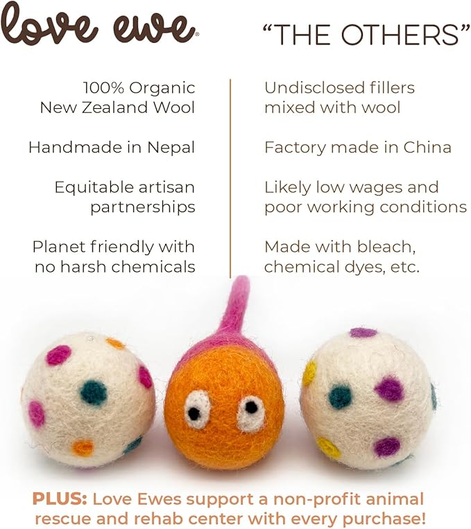 Hustle & Blush Wool Felt Balls 3 Pack Love Ewe Pet Supplies - 2 in Felted Wool Cat Toys 100% New Zealand Wools Felt Cat Toys Handmade Wools Felts Balls, Cats Felts Ball with Bell - Hook, Line & Jingle