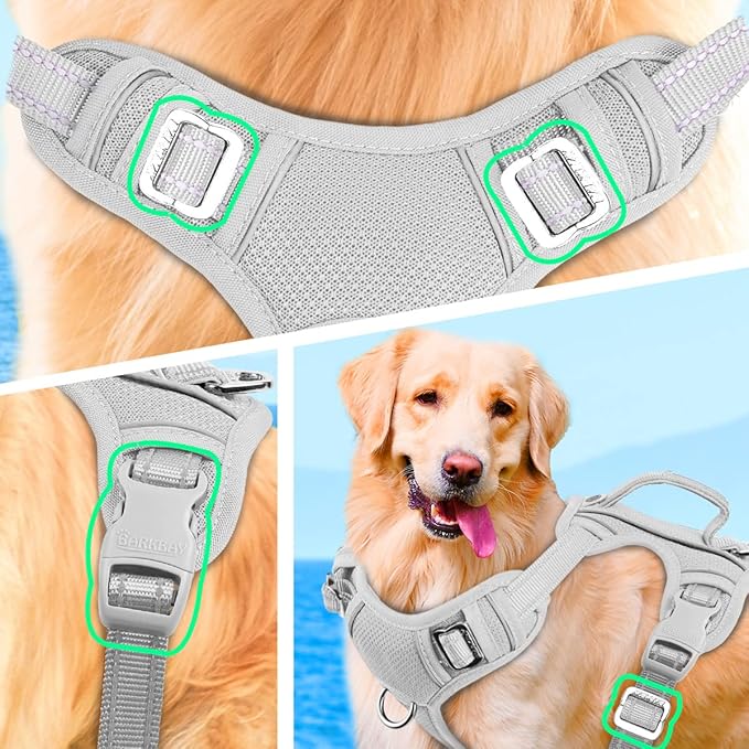 BARKBAY No Pull Dog Harness Large Reflective Dog Harness with Front Clip and Easy Control Handle for Walking Training Running with ID tag Pocket(Grey,L)