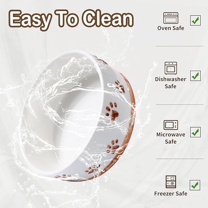 Ceramic Dog Bowls for Small and Medium Dogs, 32 OZ Dog Food and Water Bowl Set with Wooden Stand and Non-Slip Silicone Food Mat, Weighted Embossed Cute Puppy Bowls Feeding Dishes Set of 2