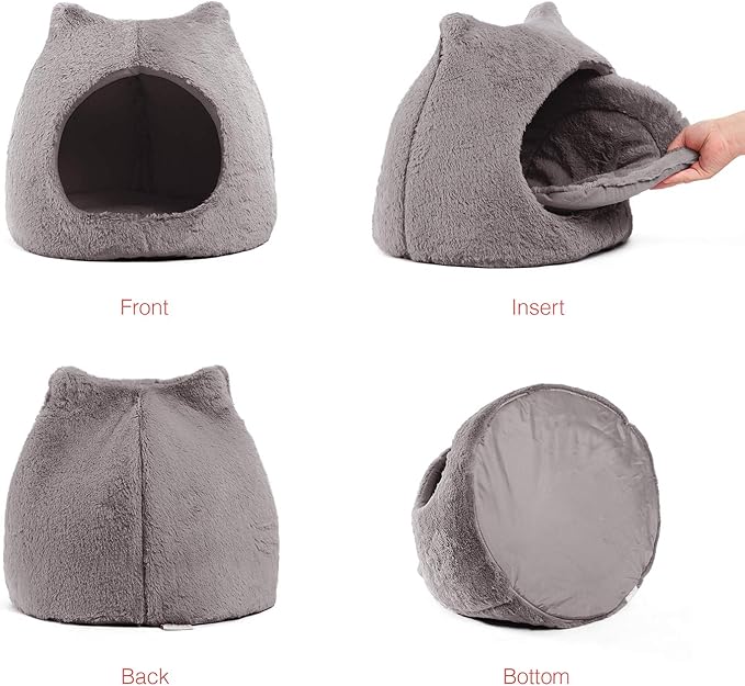 Best Friends by Sheri Meow Hut in Fur Cover Dome Cat and Dog Bed, Gray, Small (Pack of 2)
