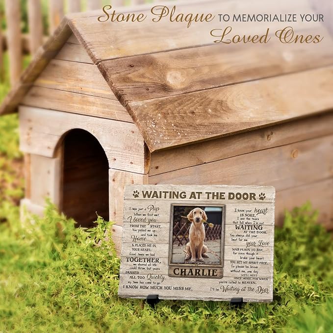 Personalized Dog Memorial Stone Plaque - Waiting at The Door, Sympathy Gift for Pet Lovers, Changing Colorful Background to Paint Loving Memory, Ideal Cat Mom Gifts