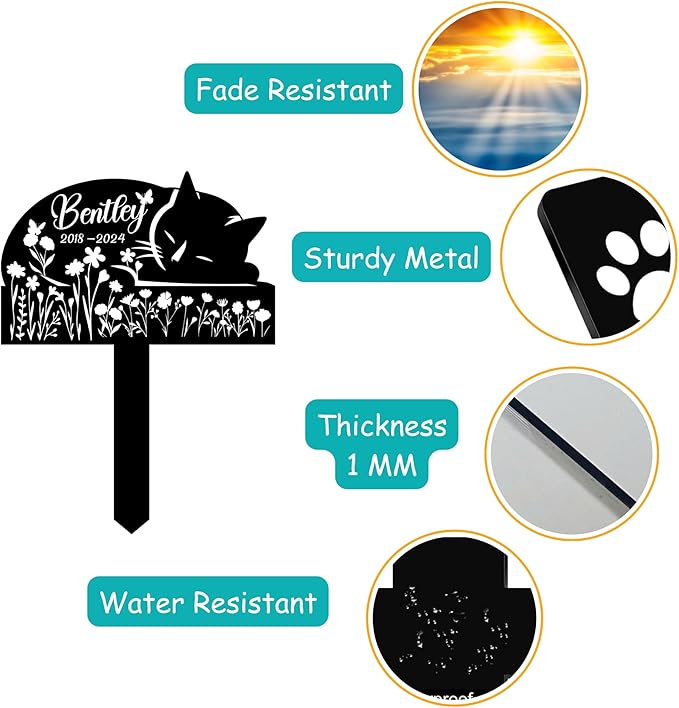 Sleeping Cat Grave Markers Outdoor, Weatherproof Metal Pet Headstone with Name & Date, Outdoor Grave Marker for Cats – Variety of Sizes & Finishes