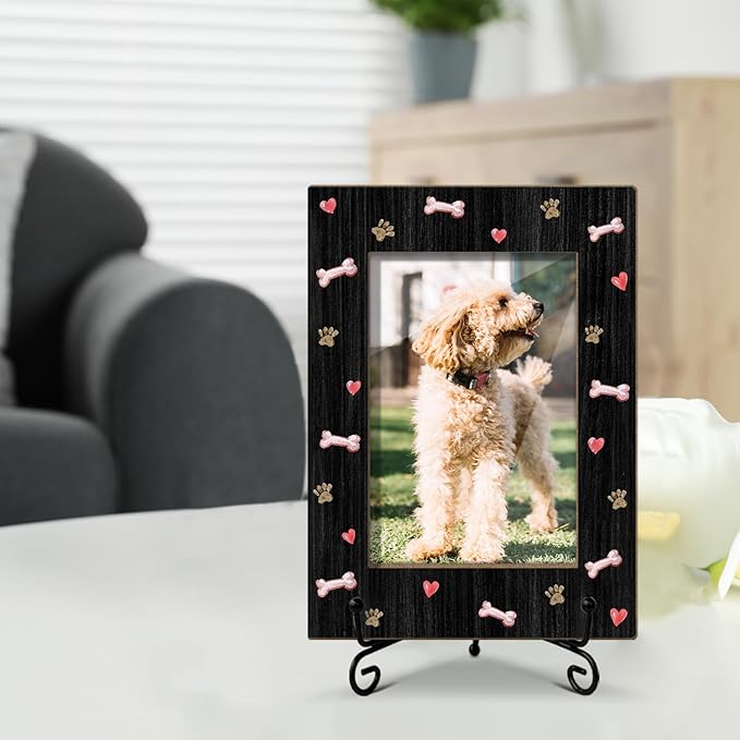 Dog Picture Frame Dog Paw Print Photo Frame, Gifts for Pet Owner Pet Lover, Wooden Picture Frame with Stand, 4"x6" Photo Frame for Tabletop Display, Home Office Desk Decor Shelf Display/XK62