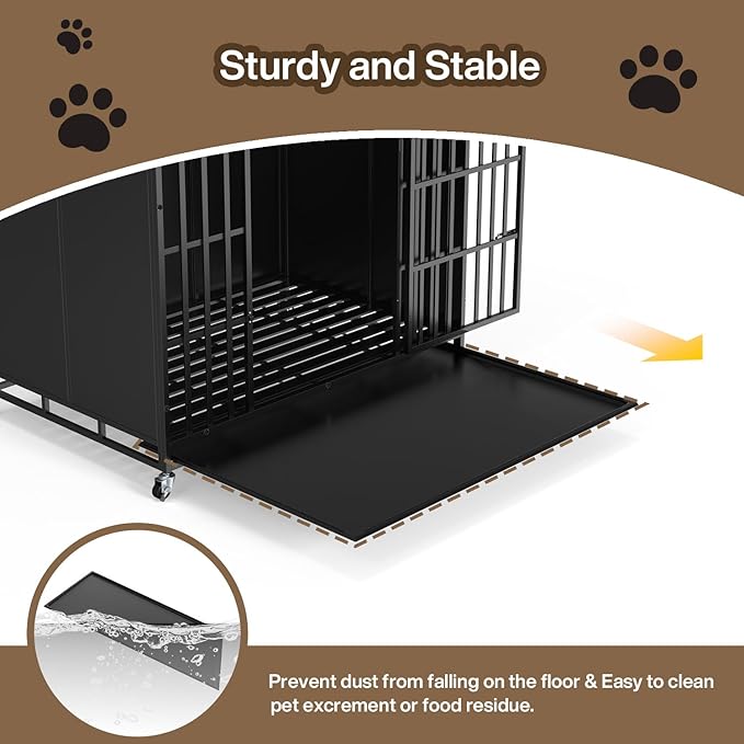 LEMBERI 48/42 inch Heavy Duty Indestructible Dog Crate, High Anxiety Extra Large Dog Cage for Large Dogs, XL Steel Escape Proof Dog Kennel with Wheels and Removable Tray (Black, 47.2*30.7*34.6 inch)