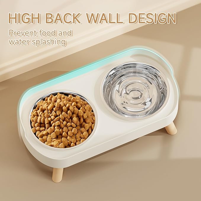 Elevated Cat Bowl, Raised Cat Food and Water Bowl Set for Indoor Cats, Splash Proof with 2 Stainless Steel Pet Food Bowls for Cats and Puppies, Whisker Fatigue and Dishwasher Safe - White