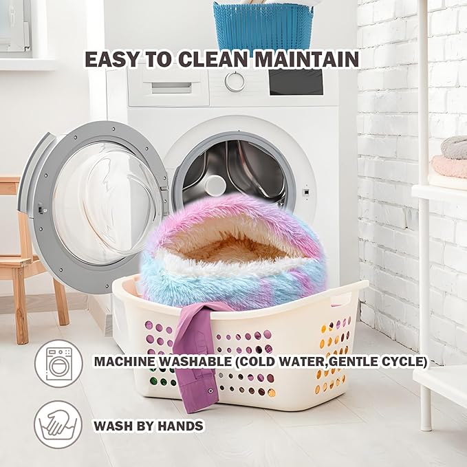 Cat Bed for Indoor Cats, Calming Cozy Cave with Self-Warming Plush, Entire Bed Machine Washable & Anti-Slip Base, Breathable Pet Bed for Small Cats&Dogs All Seasons (Dazzling Colors, 24 * 24inch)
