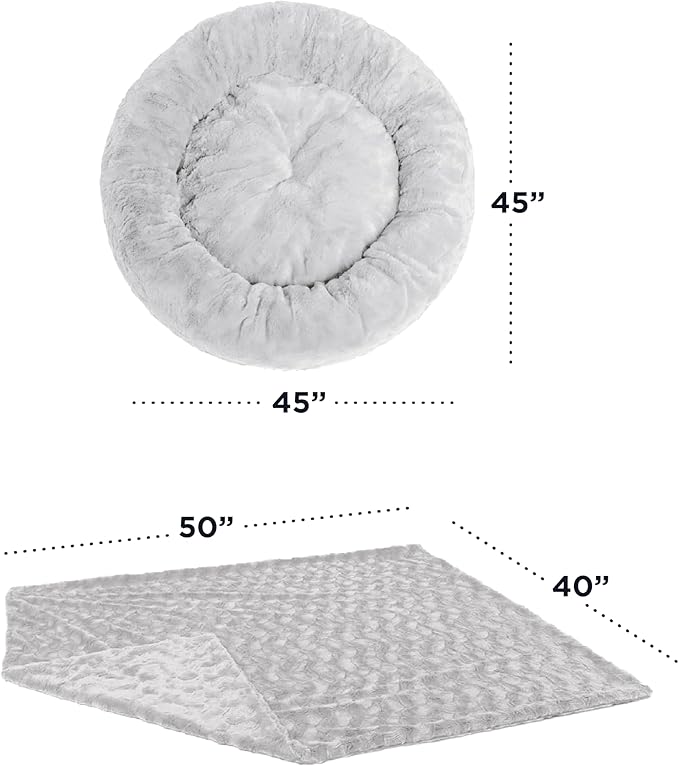 Best Friends by Sheri Bundle Set The Original Calming Lux Donut Cuddler Cat and Dog Bed + Pet Throw Blanket, Gray, Extra Large, 45x45
