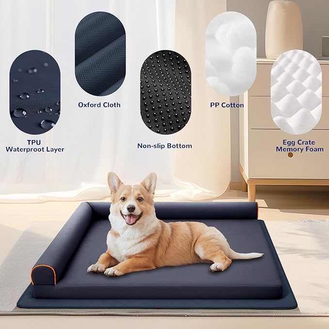 Dog Bed Large Memory Foam Orthopedic Dog Couch with Anti-Slip Mat Washable Chew Proof Pet Bed Waterproof (Blue)