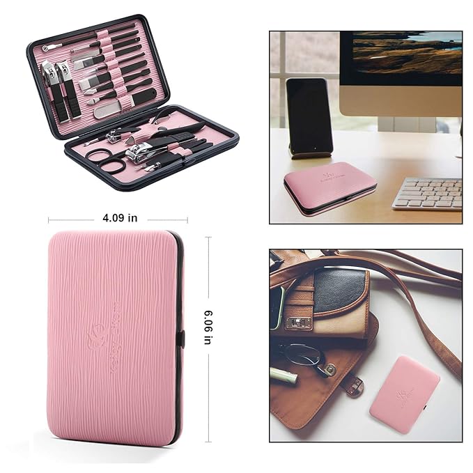 Manicure Set Professional Nail Clippers Kit Pedicure Care Tools- Stainless Steel Women Grooming Kit 18Pcs for Travel or Home (Pink)