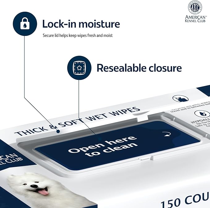 AKC Pet Wipes for Dogs & Cats – Hypoallergenic, Alcohol-Free Wipes for Paws, Face, Ears & Coat – Thick, Gentle Cleaning with Natural Aloe – Available in Lavender, Fresh & Oatmeal Scents