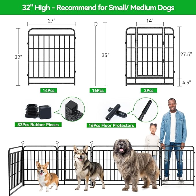 Dog Playpen Outdoor 16 Piece Panels Heavy Duty Dog Fence 32" Height with Thick Pipe Anti-Rust with Doors Portable for RV Camping Yard, Total 36FT, 103 Sq.ft, Snowy Black
