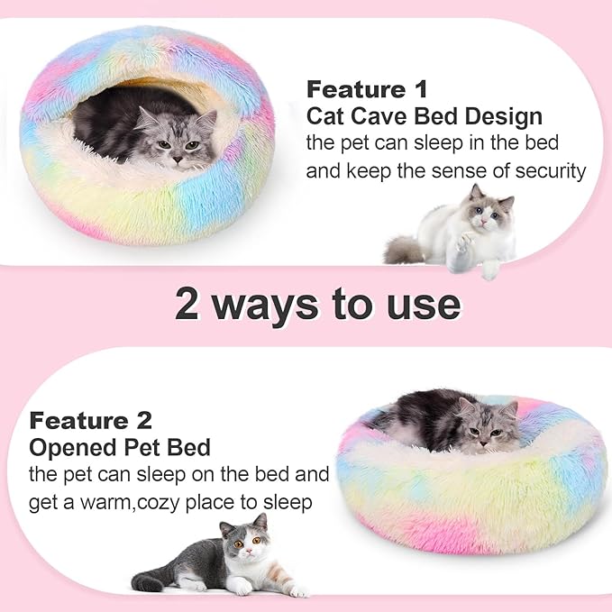 Calming Dog Beds & Cat Cave Bed with Hooded Cover,Removable Washable Round Beds for Small Medium Pets,Anti-Slip Faux Fur Fluffy Coved Bed for Improved Sleep,Fits up to 15/25 lbs(Colorful,S)