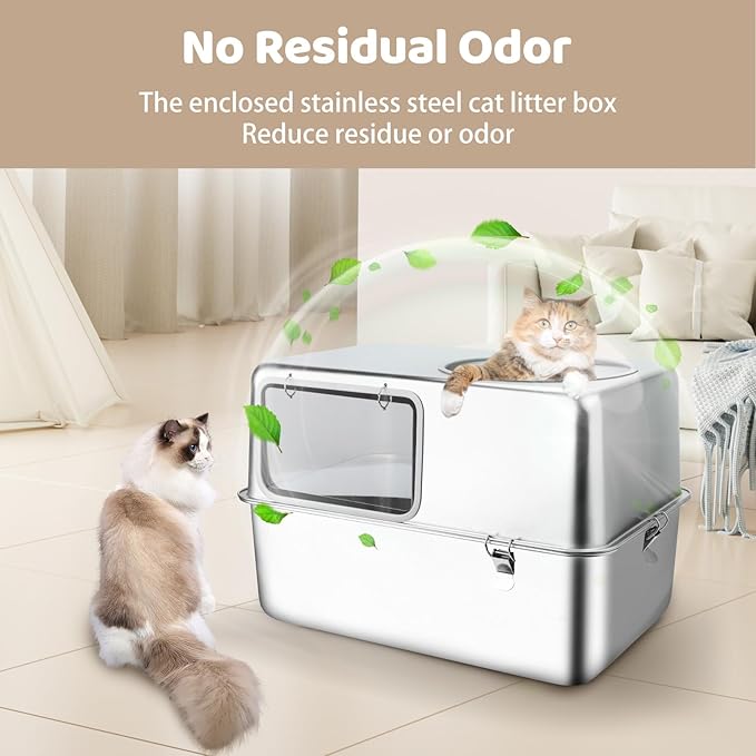 Stainless Steel Litter Box, 23.6" L x 15.7" W x 15.7" H XXL Enclosed Metal with High Sides Cat Litter Box, Extra Large Cat Toilet with Scoop, Non-Sticky, Odor Free, Easy to Clean