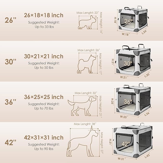 EHEYCIGA Collapsible Dog Crate 30 Inches, Portable Travel Crate for Medium Dogs, Soft Foldable Pet Kennel with 4-Door Mesh Windows Indoor & Outdoor, Grey