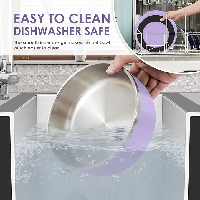 IKITCHEN Dog Bowl for Food and Water, 64 Oz Stainless Steel Pet Feeding Bowl, Durable Non-Skid Insulated Heavy Duty with Rubber Bottom for Medium Large Dogs (64 Ounces/8 Cup, Light Purple)