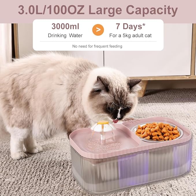 Marchul Cat Water Fountain and Stainless Steel Food Bowl, 100oz/3L Super Quiet Automatic Pet Water Dispenser with Smart Pump and 3 Replacement Filters for Cats and Small Dogs, Pink
