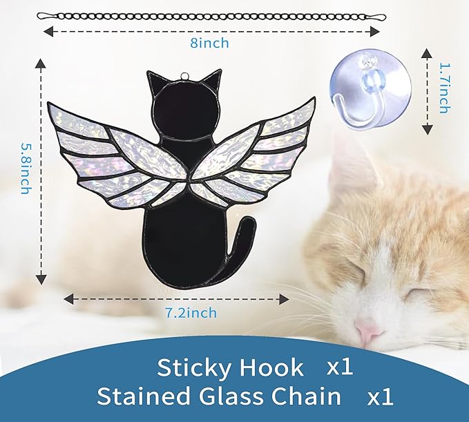 Angel Rainbow Wing Cat Memorial Gifts, Stained Glass Decor for Window Hangings, Orange Black Cat Suncatcher, Loss of Pet Sympathy Gift (Black)