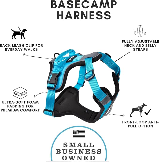 ShawnCo Basecamp Dog Harness, No-Pull Pet Vest with 3 Leash Clips, Padded, Reflective, Lightweight and Adjustable Harness with Handle for Small, Medium and Large Dogs (Oceanic Blue, L)
