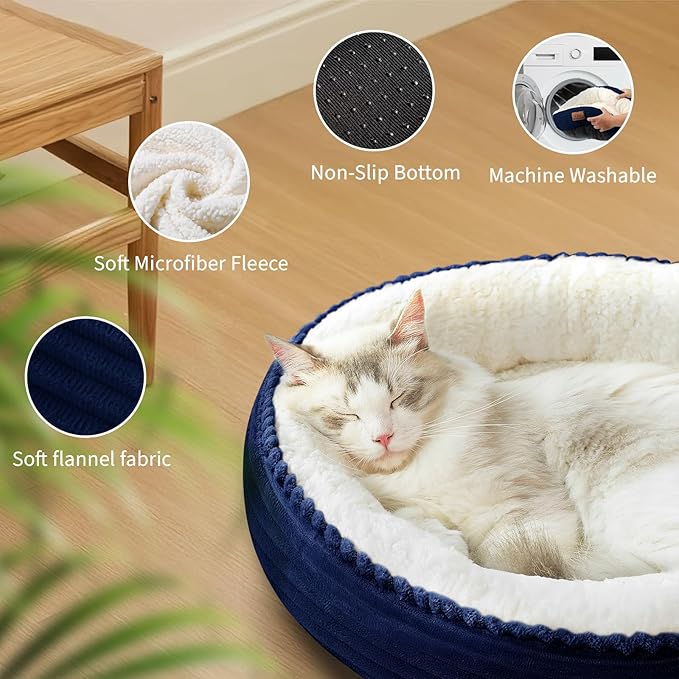20in Washable Cat Beds for Indoor Cats - Round Donut Pet Bed for Cats, Small Dogs, Puppy, Kitten - Anti-Slip Bottom, Calming Bed Gift - Navy Blue
