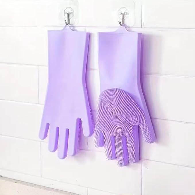 Pet Grooming Gloves，Heat-Resistant Silicone Gloves with High-Density Teeth for Enhanced Massaging and Bathing of Dogs and Cats (Purple, 2 Pair)