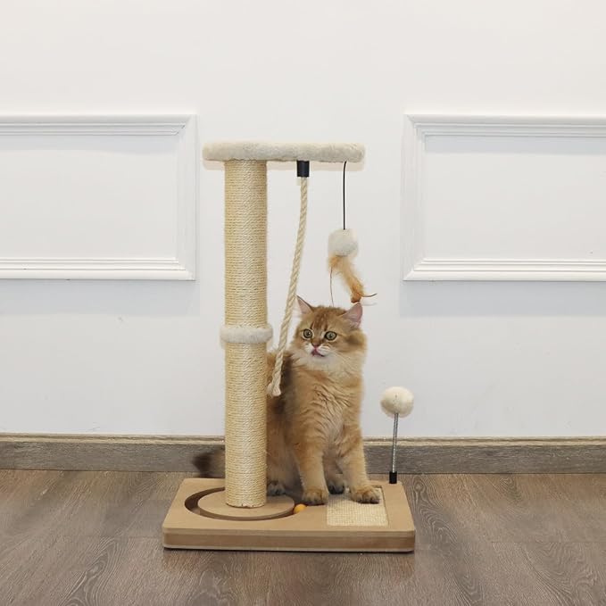 PAWSFANS Cat Scratching Post,Sisal Scratch Posts with Track Ball Feather Toy for Indoor Cats and Kittens,25" Tall Beige