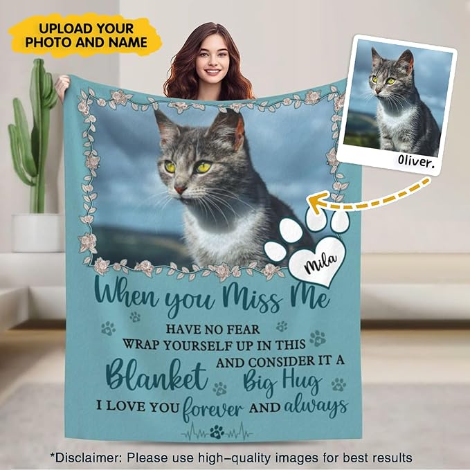 Custom Pet Memorial Blanket with Photo,Personalized Dog/Cat Loss Sympathy Gift,Pet Loss Bereavement Remembrance Gifts,Flannel Throw Blanket with Pictures (Turquoise)