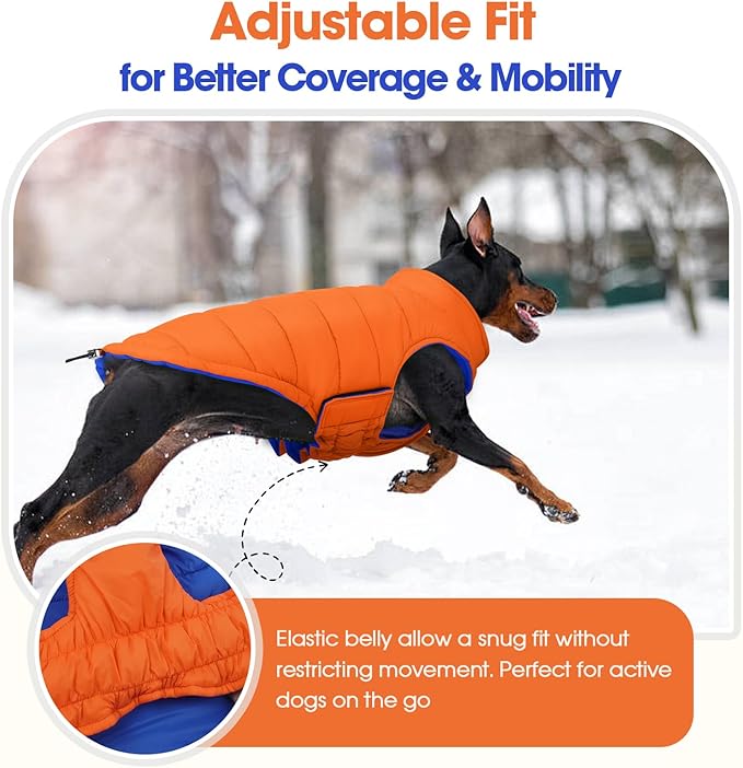 QBLEEV Reversible Dog Coat, Winter Warm Snowproof Dog Puffer Vest for Large Dogs Cold Weather, Windproof Lightweight Padded Jacket Snowsuit, Adjustable Outdoor Clothes for Great Dane, Orange, XXXL
