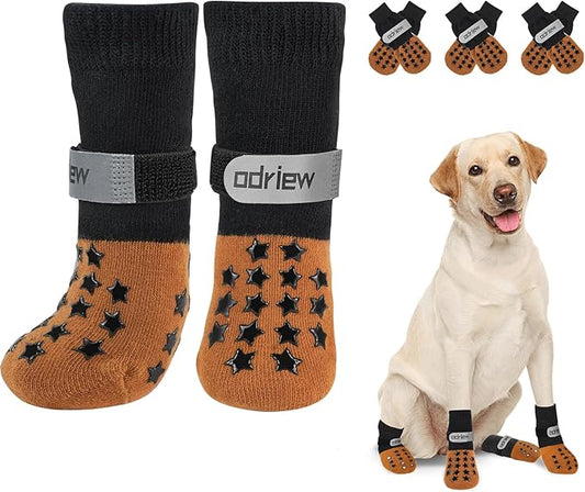 Non Slip Dog Socks to Prevent Licking Paws - Dog Booties for Hardwood Floors Anti Slip - Grippy Socks for Senior Dog - Double Side Paw Protector Prevent Scratching for Hot Pavement. (Khaki, S)