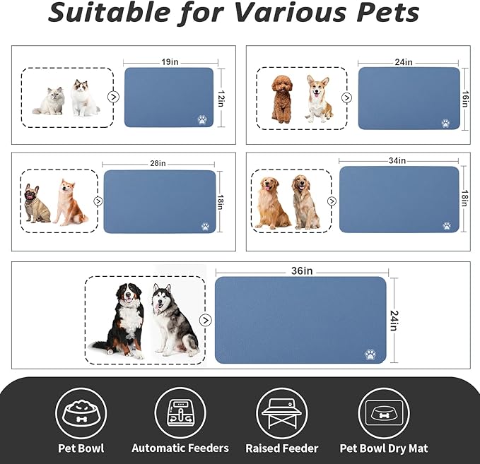Pet Feeding Mat - Absorbent Dog Mat for Food and Water, No Stains Cat Bowl Mat, Easy to Clean Pet Placemats, Quick Dry Dog Water Dispenser Mat for Messy Drinkers | Paw Blue 12"x 19"